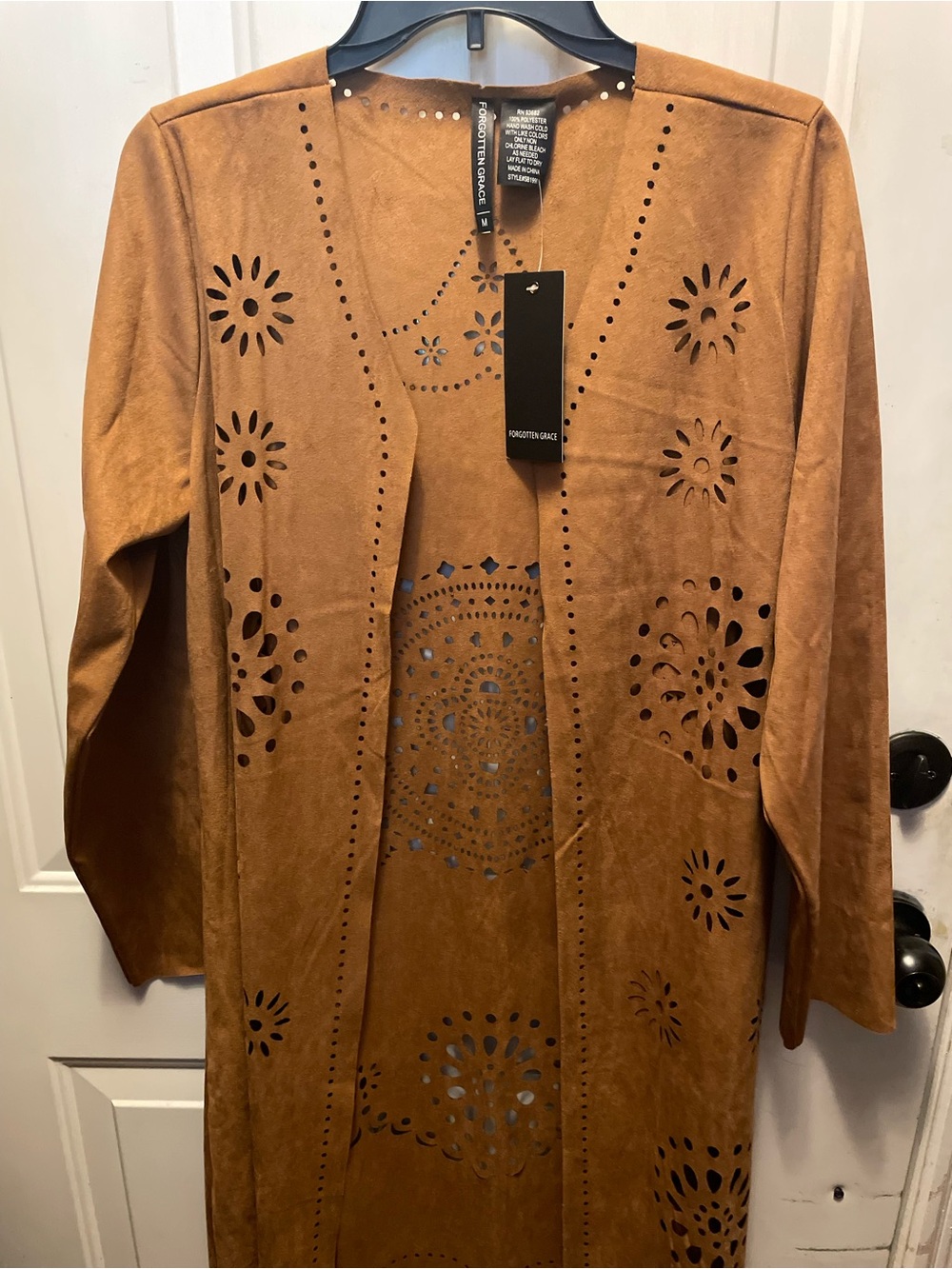 English Tan Faux Suede Laser-Cut Long Coat by Forgotten Grace, NEW with Tags